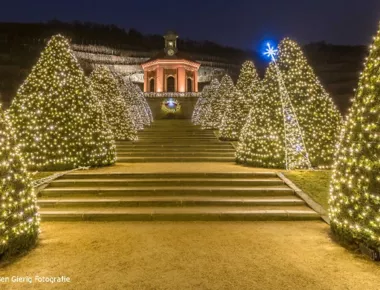 Zur Weihnachtszeit ist das traumhafte Schloss Wackerbarth romantisch beleuchtet. Die Wintertour der Stadtrundfahrt Dresden bringt Sie dahin und in weihnachtliche Stimmung.