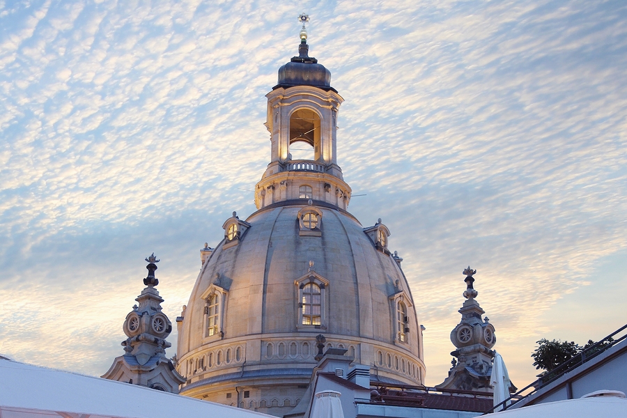 Blick auf die Frauenkirche von der Terasse im Restaurant Moritz