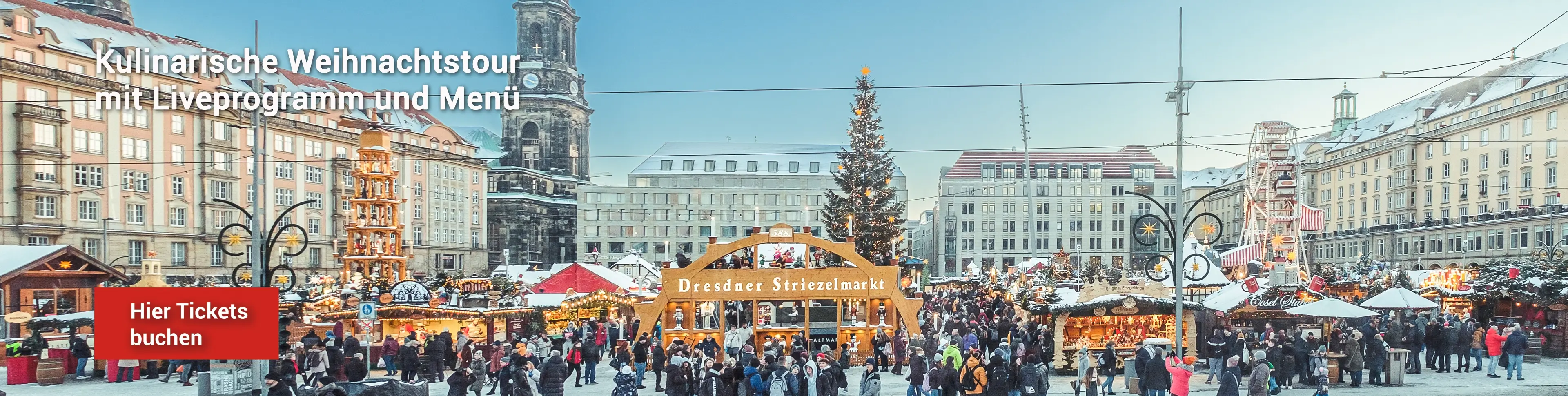 Roter Doppeldecker der Stadtrundfahrt Dresden fährt am Striezelmarkt Dresden vorbei